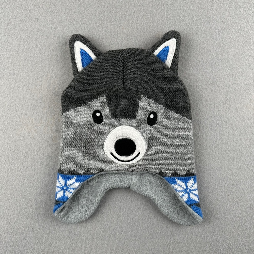 Unbranded Husky Dog Trapper Hat Kids 2T-5T Gray Blue Snowflake Fleece Beanie